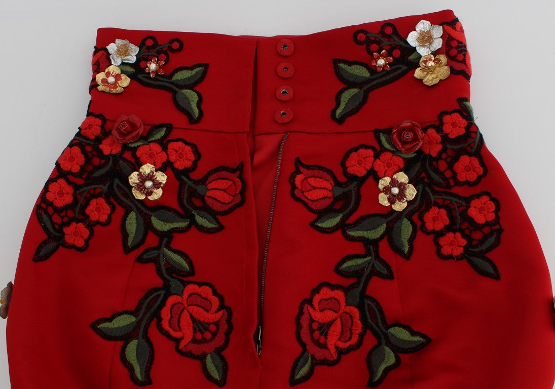 Dolce & Gabbana Glamorous Red Silk Floral Embroidered Shorts Dolce & Gabbana