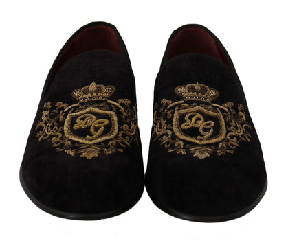 Dolce & Gabbana Elegant Black Loafers with Gold Crown Embroidery Dolce & Gabbana