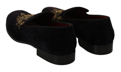 Dolce & Gabbana Elegant Black Loafers with Gold Crown Embroidery Dolce & Gabbana