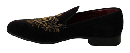 Dolce & Gabbana Elegant Black Loafers with Gold Crown Embroidery Dolce & Gabbana