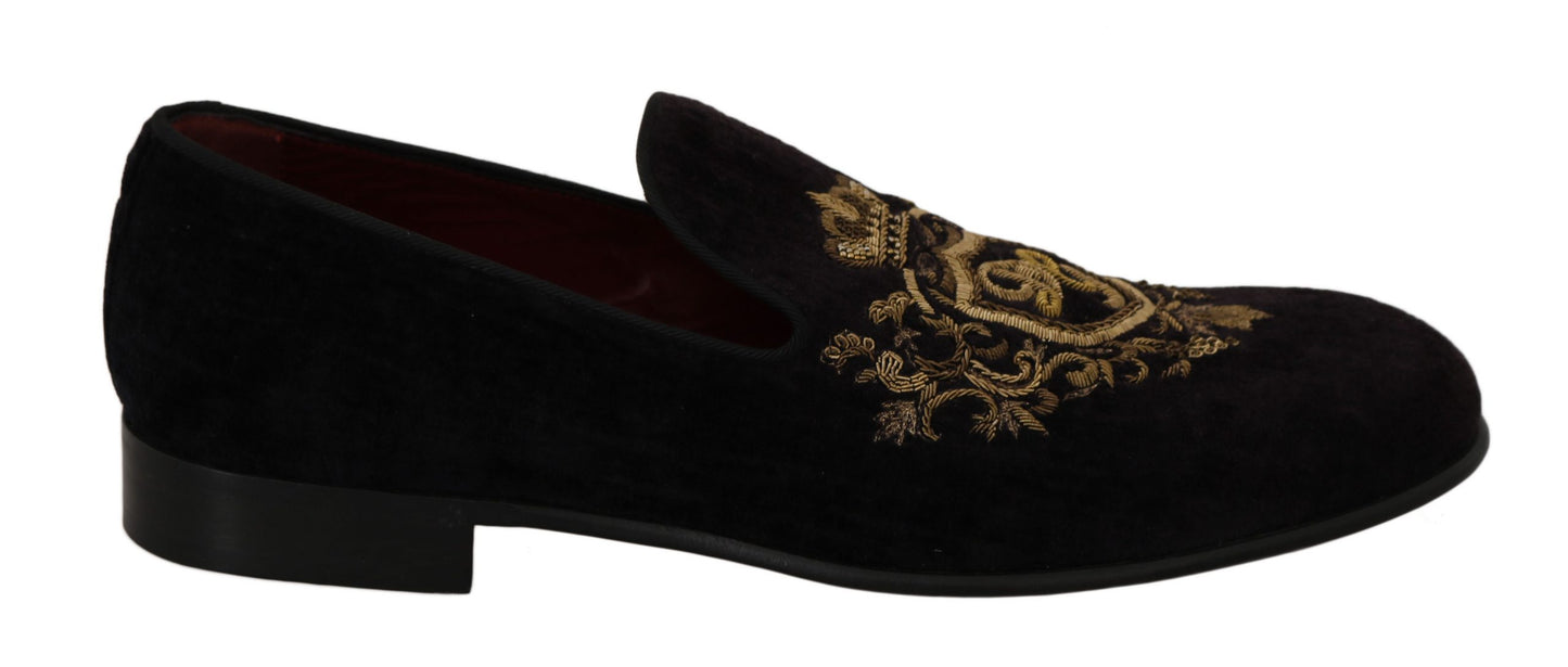 Dolce & Gabbana Elegant Black Loafers with Gold Crown Embroidery Dolce & Gabbana