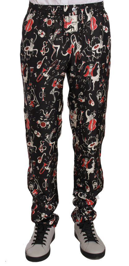 Dolce & Gabbana Elegant Black Silk Lounge Pants with Red Print Dolce & Gabbana