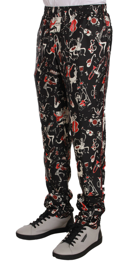 Dolce & Gabbana Elegant Black Silk Lounge Pants with Red Print Dolce & Gabbana