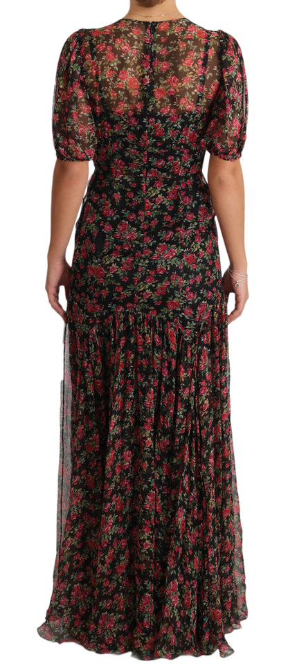 Dolce & Gabbana Elegant Black Silk Floral A-Line Gown Dolce & Gabbana