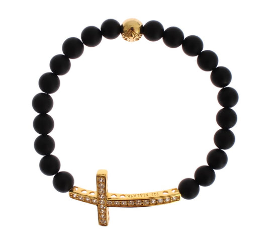 Nialaya Chic Matte Onyx Bead & CZ Diamond Cross Bracelet Nialaya