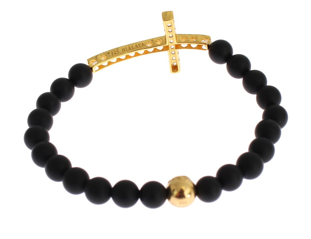 Nialaya Chic Matte Onyx Bead & CZ Diamond Cross Bracelet Nialaya